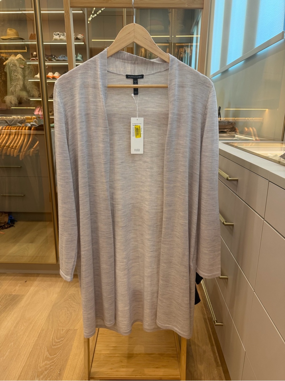 Eileen Fisher Light Gray Open-Front Long Cardigan 100% Merino Wool Duster